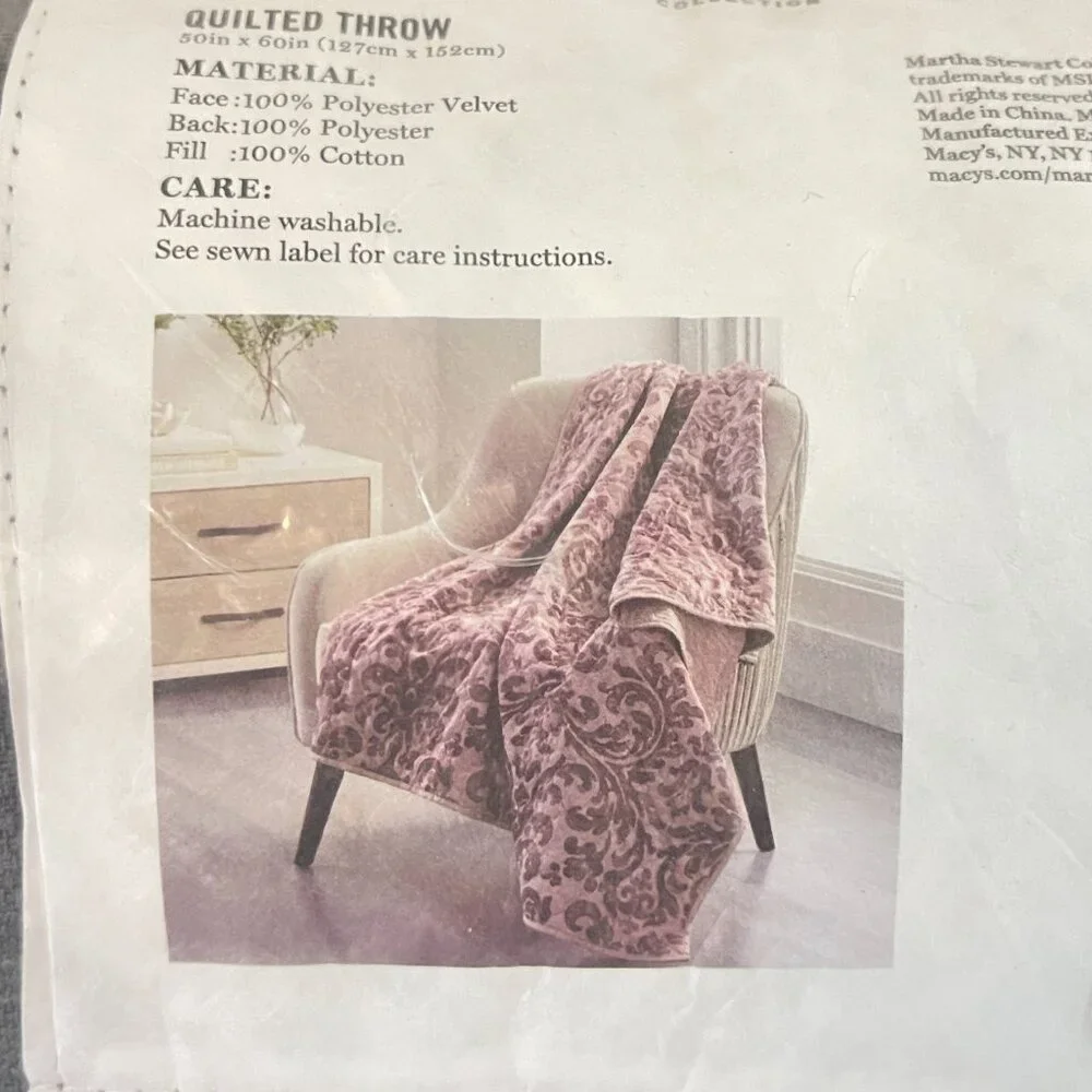New Martha Stewart Quilted Throw Blanket Pink Burgundy Damask Velvet Macy's